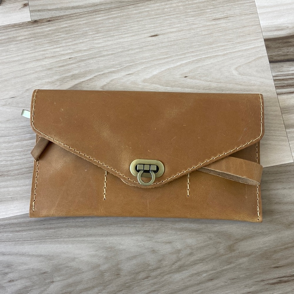 Leather wristlet wallet, saddle or mustard in color